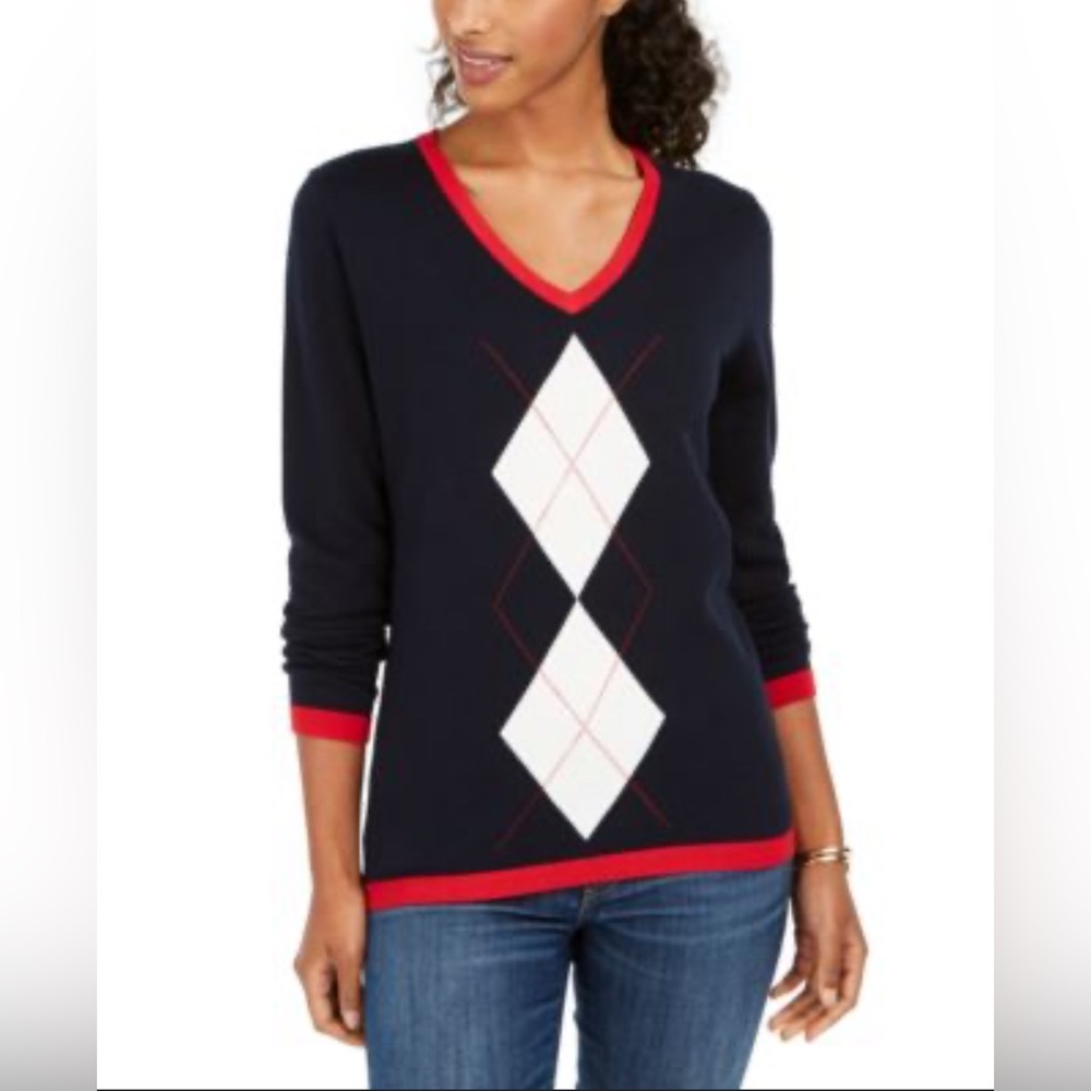 Tommy Hilfiger Women's V-Neck Sweater - Navy, Red, and White Sz M
